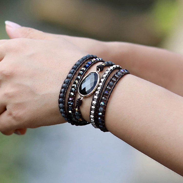 Black Gemstones Beaded Wrap Bracelet 5