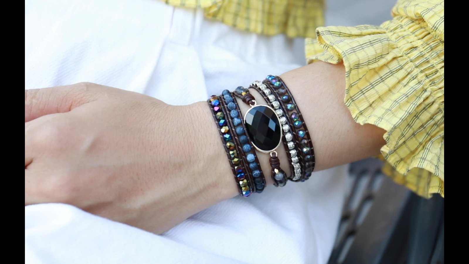 Black Gemstones Beaded Wrap Bracelet1